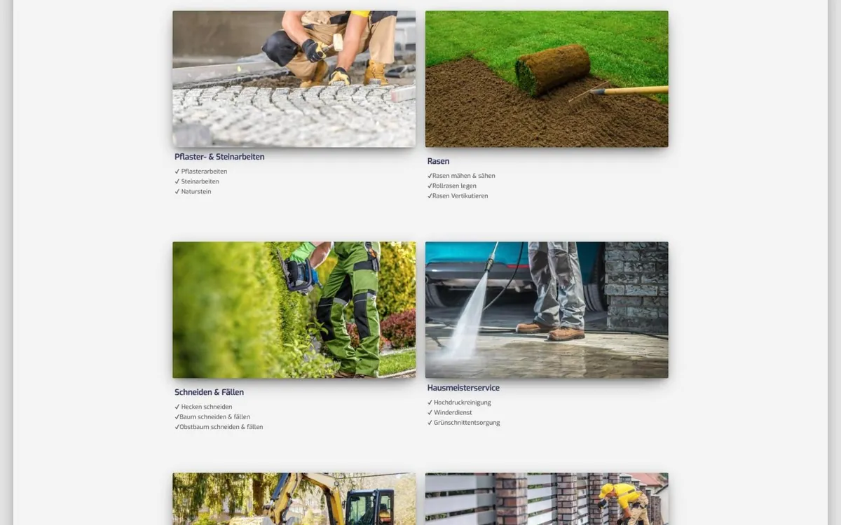 Leistungskacheln mit Fotos zu Pflasterarbeiten, Rollrasen, Heckenschnitt und Hochdruckreinigung samt Listen
