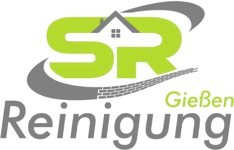 Logo von SR Reinigung Gießen: gelbgrünes SR mit Hausdach, grauer Bogen mit Pflastersteinen und Schriftzug