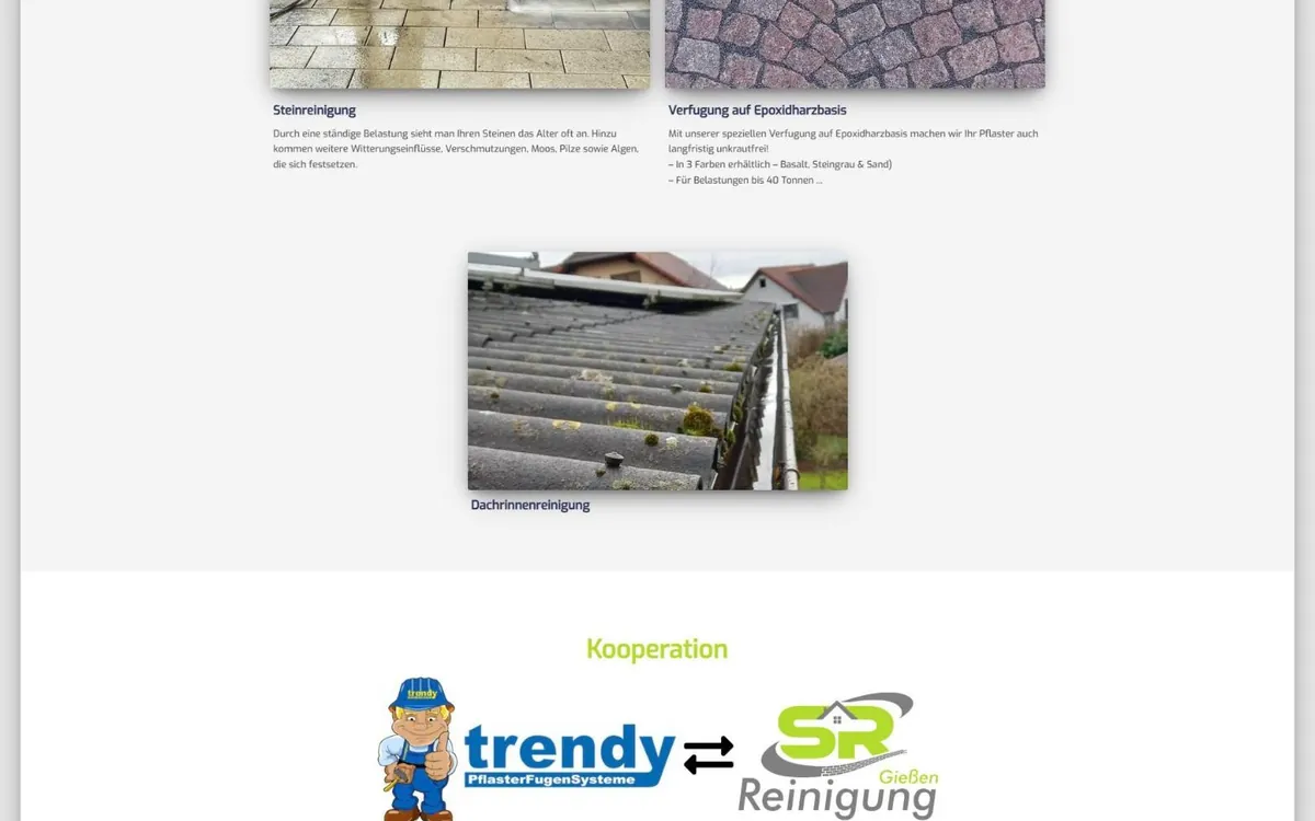 Leistungskacheln zu Steinreinigung, Epoxidharz-Verfugung und Dachrinnenreinigung, darunter der Kooperationsbereich