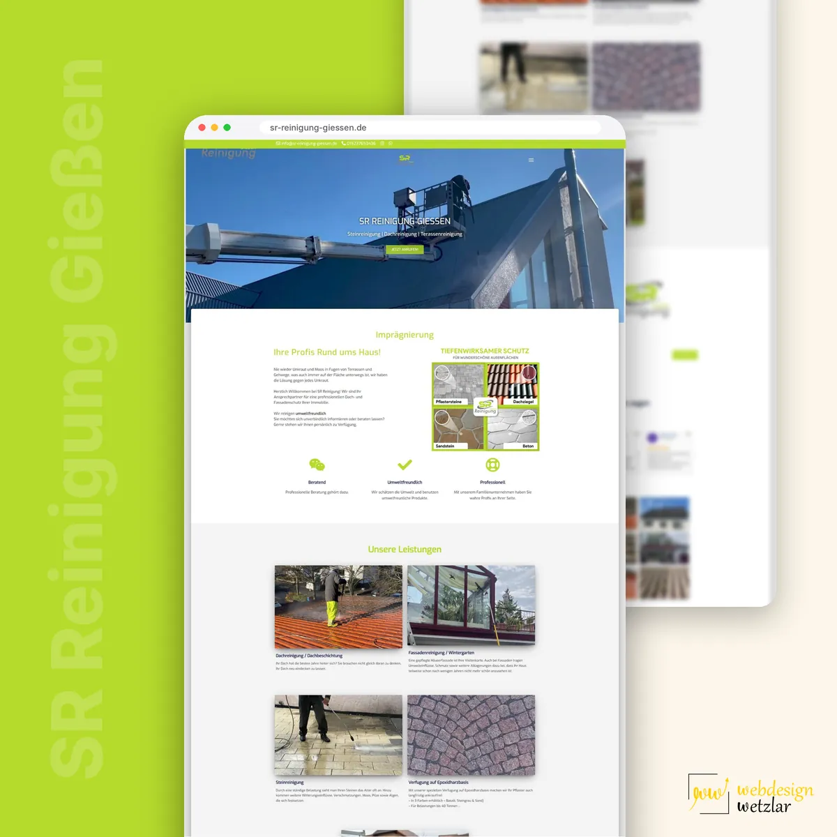 Website von SR Reinigung Gießen im Browserfenster: Hubarbeitsbühne am Dach, Vorstellung und Leistungskacheln
