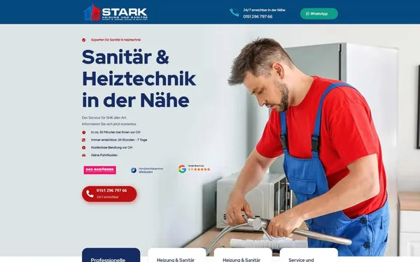 Startseite von starkshk.de mit dunkelblauem Header, WhatsApp-Button und Überschrift Sanitär & Heiztechnik in der Nähe