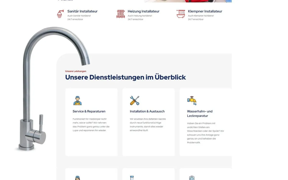Abschnitt Unsere Dienstleistungen im Überblick mit Symbolkarten und einem freigestellten Edelstahl-Wasserhahn