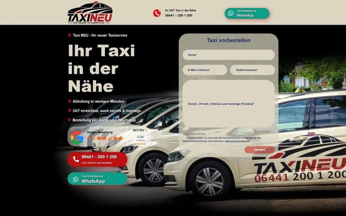 Startseite von taxi-neu.de mit Überschrift Ihr Taxi in der Nähe, Vorbestellformular und rotem Anrufbutton