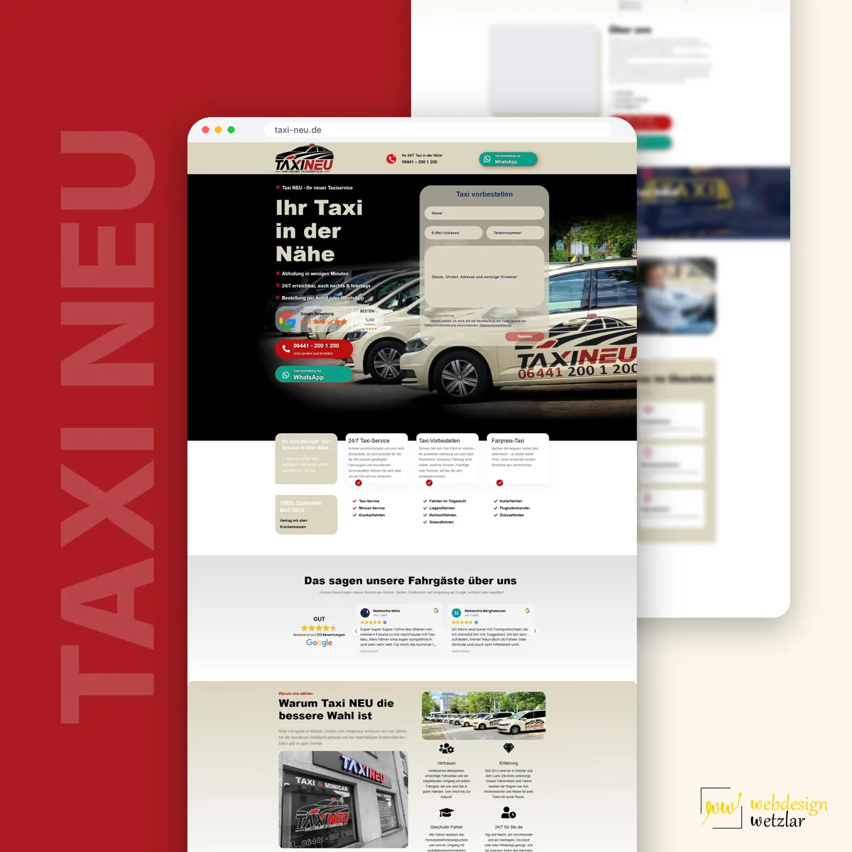 Website von Taxi NEU im Browserfenster: dunkler Startbereich mit Taxis, Formular und Abschnitt Warum Taxi NEU
