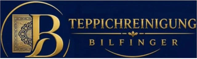 Logo von Teppichreinigung Bilfinger: goldenes B mit Orientteppich und Schriftzug auf Nachtblau