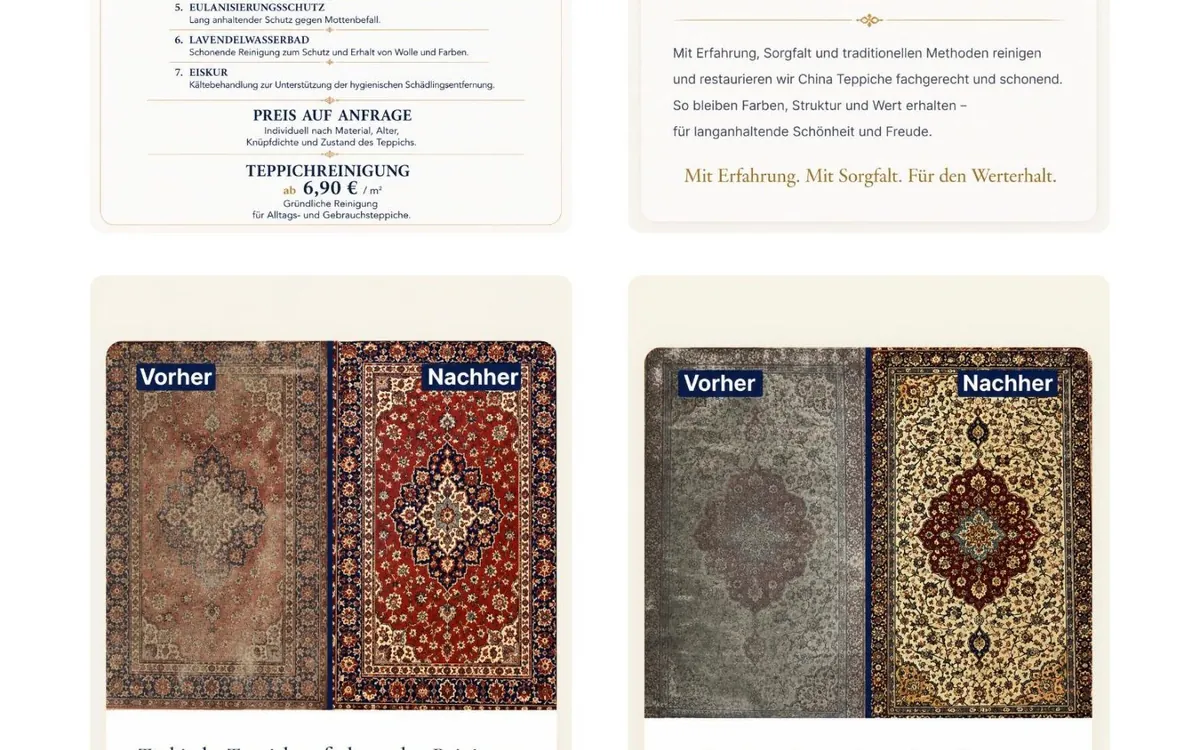 Vorher-nachher-Galerie der Bilfinger-Website: zwei Orientteppiche jeweils verschmutzt und gereinigt nebeneinander