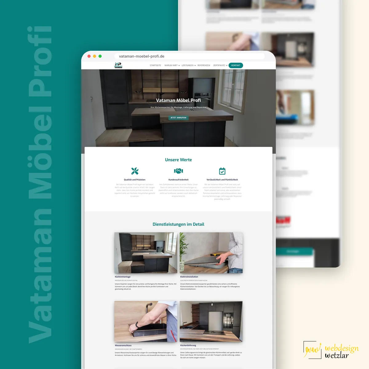Website von Vataman Möbel Profi im Browserfenster: Küchenfoto, Werte mit Symbolen und Leistungskacheln